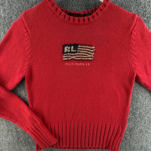 Ralph Lauren Polo Jeans Women Flag Sweater Medium Red Long Sleeve Knit Cotton - Picture 1 of 16